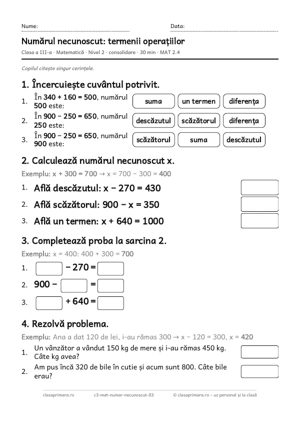 Prima pagină a fișei „Numărul necunoscut: termenii operațiilor”, clasa a III-a, nivelul 2