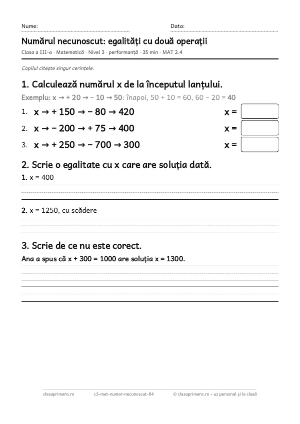 Prima pagină a fișei „Numărul necunoscut: egalități cu două operații”, clasa a III-a, nivelul 3