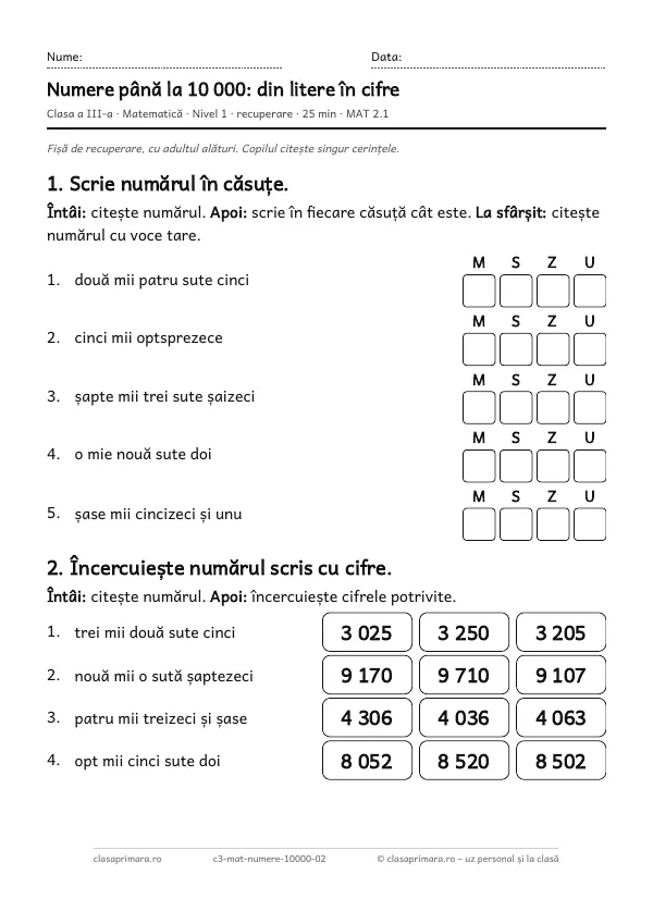 Prima pagină a fișei „Numere până la 10 000: din litere în cifre”, clasa a III-a, nivelul 1