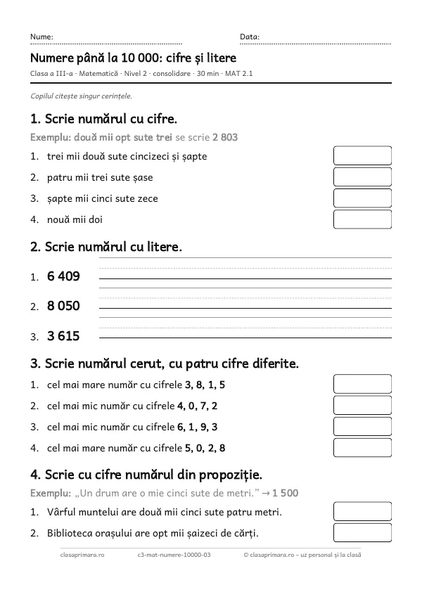 Prima pagină a fișei „Numere până la 10 000: cifre și litere”, clasa a III-a, nivelul 2