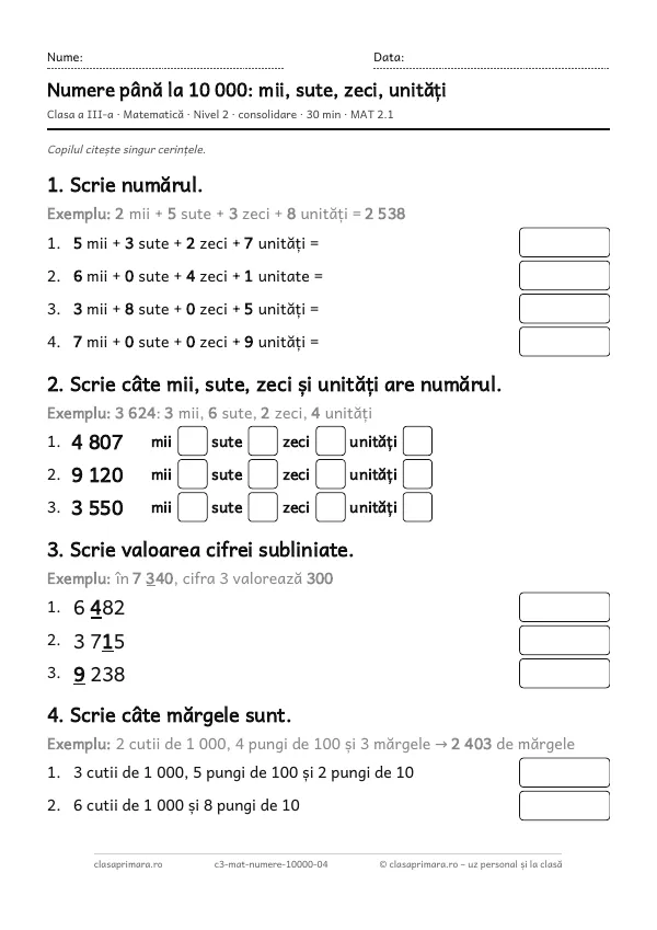 Prima pagină a fișei „Numere până la 10 000: mii, sute, zeci, unități”, clasa a III-a, nivelul 2