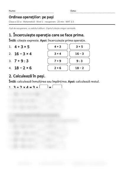 Prima pagină a fișei „Ordinea operațiilor: pe pași”, clasa a III-a, nivelul 1