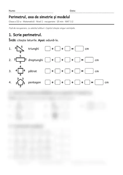 Prima pagină a fișei „Perimetrul, axa de simetrie și modelul”, clasa a III-a, nivelul 1
