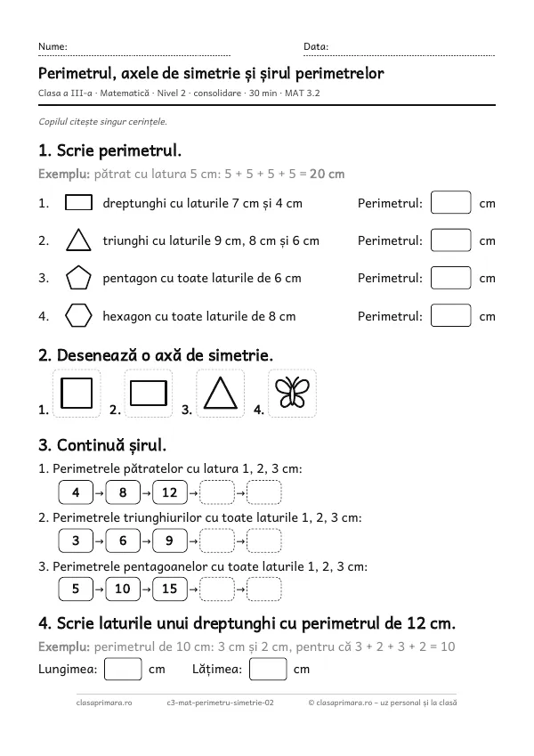 Prima pagină a fișei „Perimetrul, axele de simetrie și șirul perimetrelor”, clasa a III-a, nivelul 2