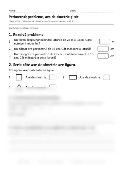 Prima pagină a fișei „Perimetrul: probleme, axe de simetrie și șir”, clasa a III-a, nivelul 3