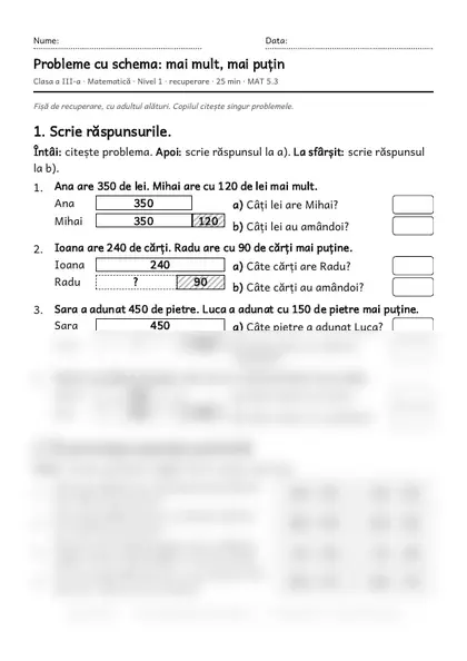 Prima pagină a fișei „Probleme cu schema: mai mult, mai puțin”, clasa a III-a, nivelul 1