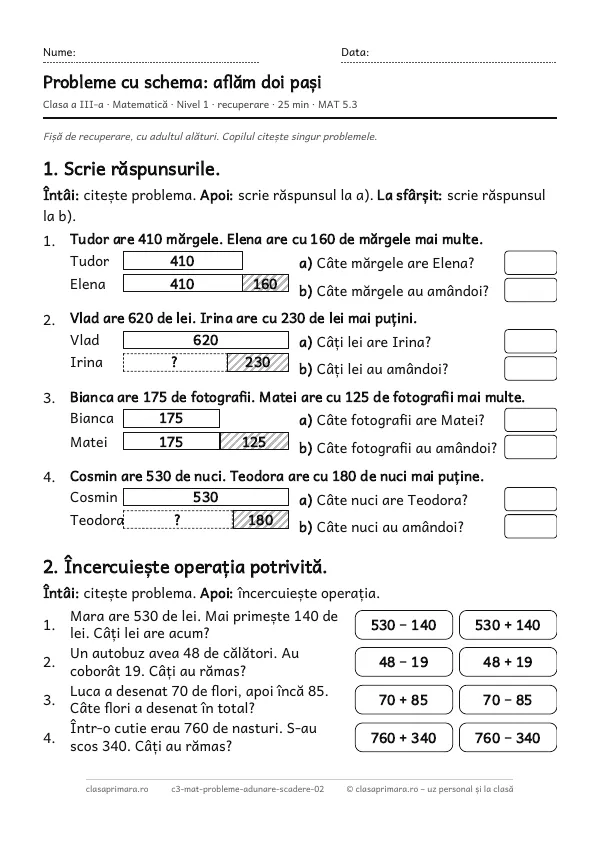Prima pagină a fișei „Probleme cu schema: aflăm doi pași”, clasa a III-a, nivelul 1