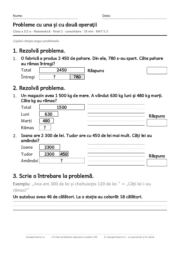 Prima pagină a fișei „Probleme cu una și cu două operații”, clasa a III-a, nivelul 2