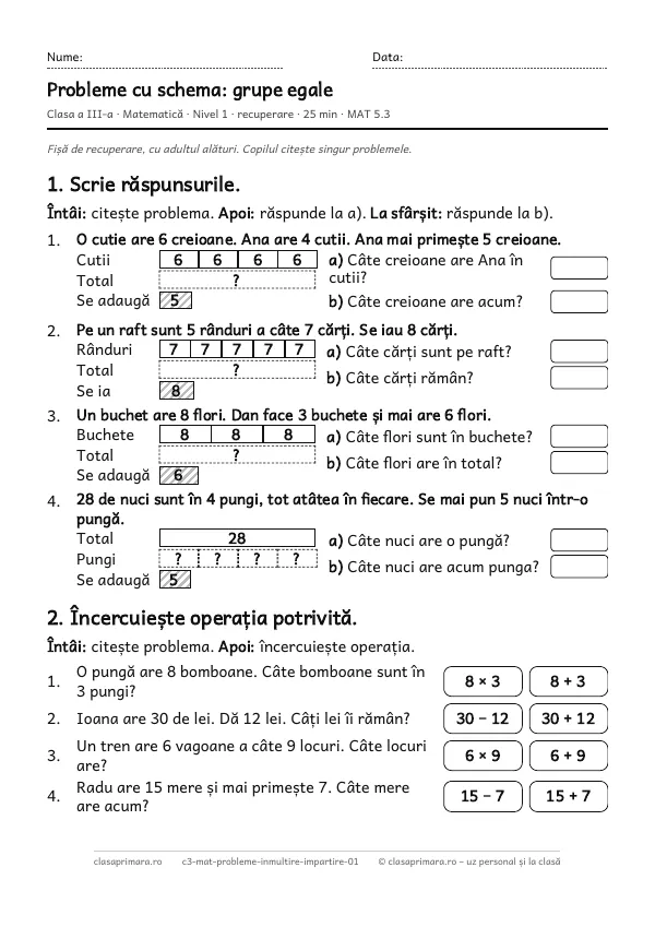 Prima pagină a fișei „Probleme cu schema: grupe egale”, clasa a III-a, nivelul 1