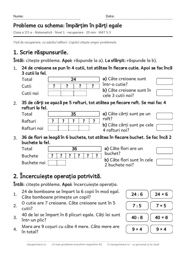 Prima pagină a fișei „Probleme cu schema: împărțim în părți egale”, clasa a III-a, nivelul 1