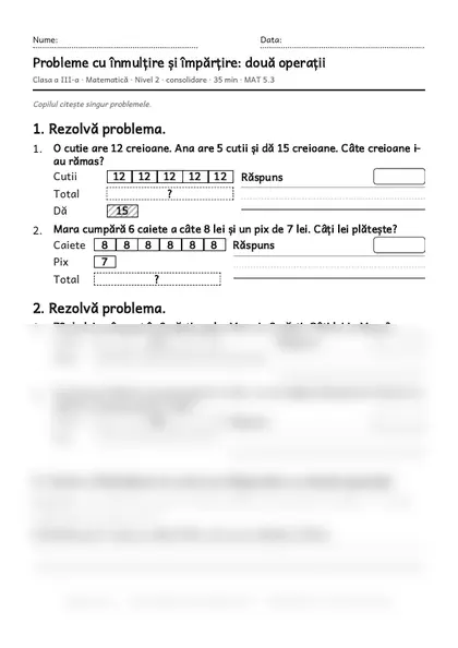 Prima pagină a fișei „Probleme cu înmulțire și împărțire: două operații”, clasa a III-a, nivelul 2