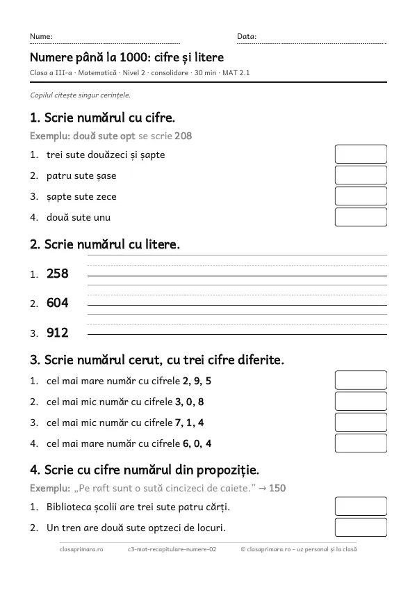 Prima pagină a fișei „Numere până la 1000: cifre și litere”, clasa a III-a, nivelul 2