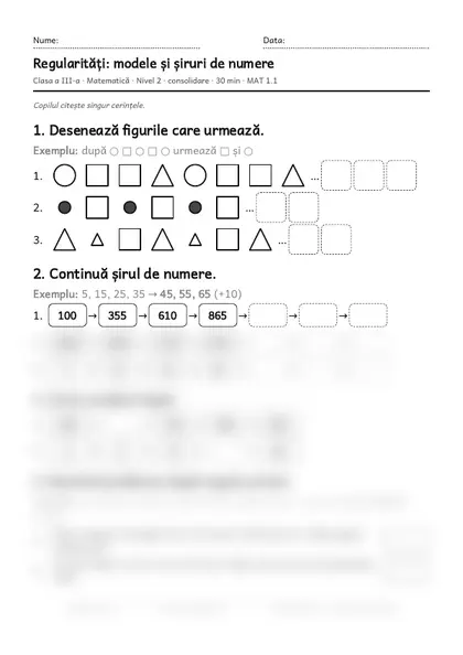 Prima pagină a fișei „Regularități: modele și șiruri de numere”, clasa a III-a, nivelul 2