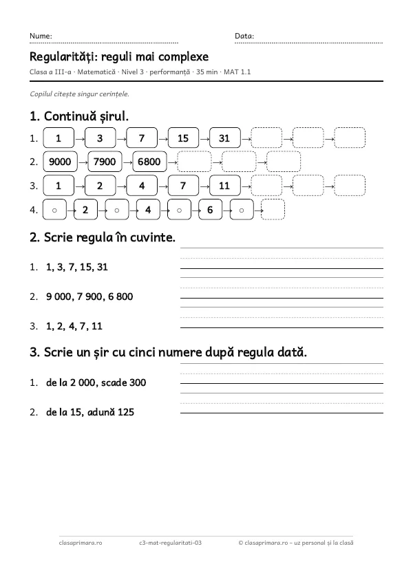 Prima pagină a fișei „Regularități: reguli mai complexe”, clasa a III-a, nivelul 3