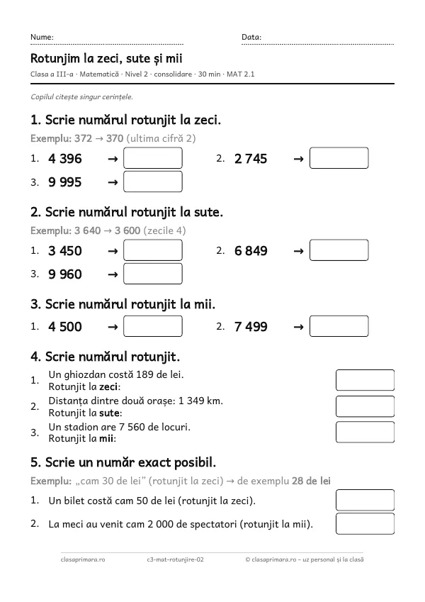 Prima pagină a fișei „Rotunjim la zeci, sute și mii”, clasa a III-a, nivelul 2