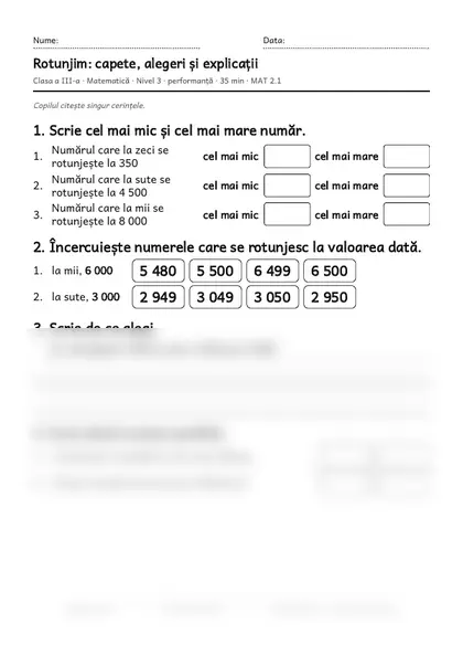 Prima pagină a fișei „Rotunjim: capete, alegeri și explicații”, clasa a III-a, nivelul 3