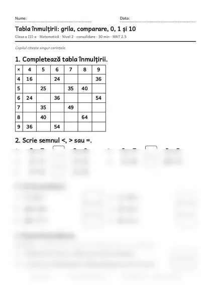 Prima pagină a fișei „Tabla înmulțirii: grila, comparare, 0, 1 și 10”, clasa a III-a, nivelul 2