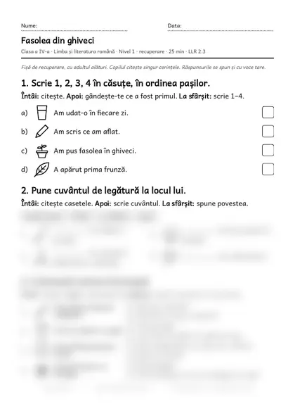Prima pagină a fișei „Fasolea din ghiveci”, clasa a IV-a, nivelul 1