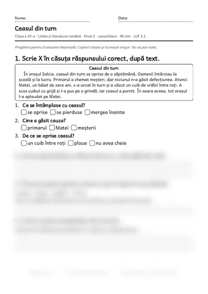Prima pagină a fișei „Ceasul din turn”, clasa a IV-a, nivelul 2