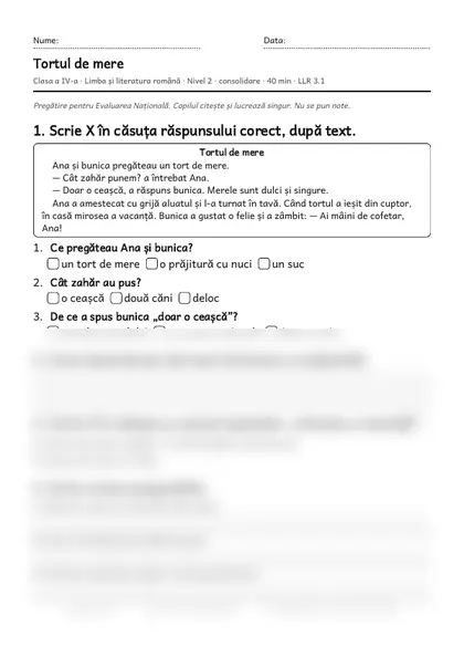 Prima pagină a fișei „Tortul de mere”, clasa a IV-a, nivelul 2