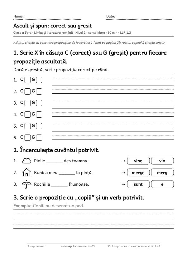 Prima pagină a fișei „Ascult și spun: corect sau greșit”, clasa a IV-a, nivelul 2