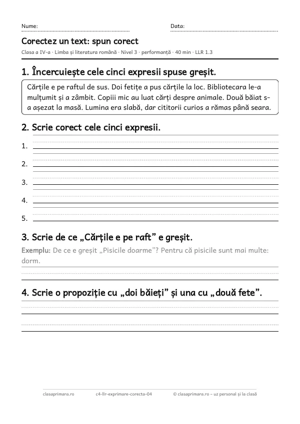 Prima pagină a fișei „Corectez un text: spun corect”, clasa a IV-a, nivelul 3