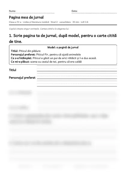 Prima pagină a fișei „Pagina mea de jurnal”, clasa a IV-a, nivelul 2