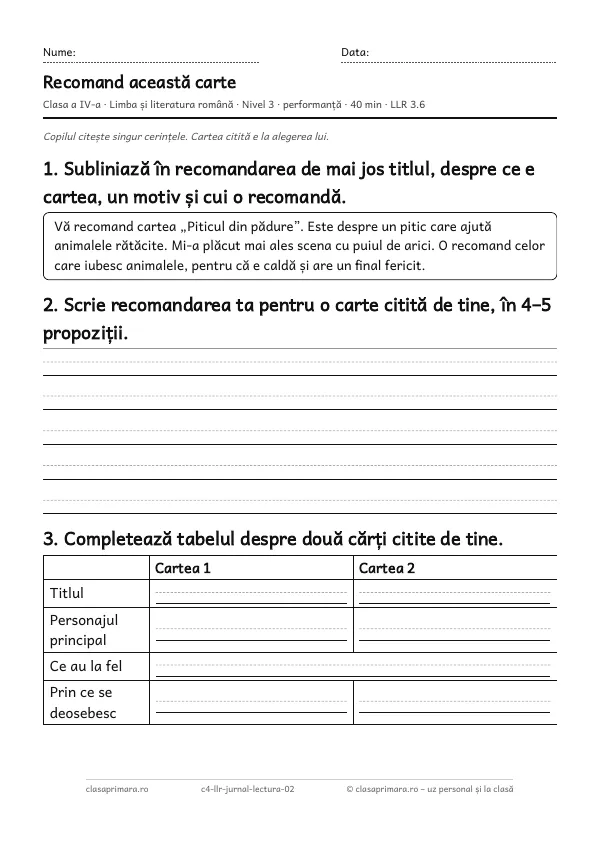 Prima pagină a fișei „Recomand această carte”, clasa a IV-a, nivelul 3
