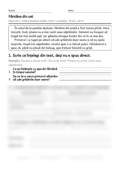 Prima pagină a fișei „Fântâna din sat”, clasa a IV-a, nivelul 2