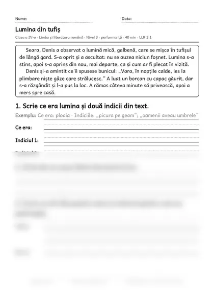 Prima pagină a fișei „Lumina din tufiș”, clasa a IV-a, nivelul 3