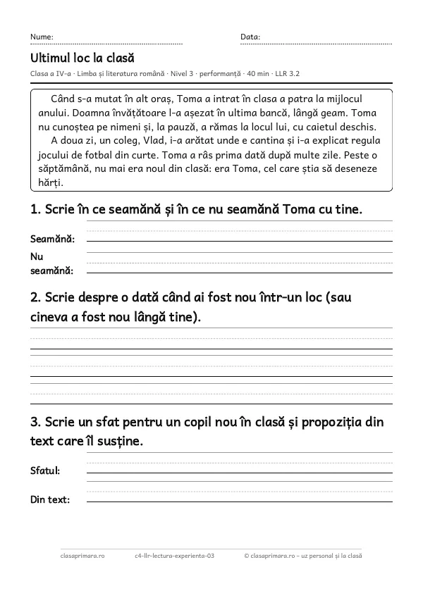 Prima pagină a fișei „Ultimul loc la clasă”, clasa a IV-a, nivelul 3