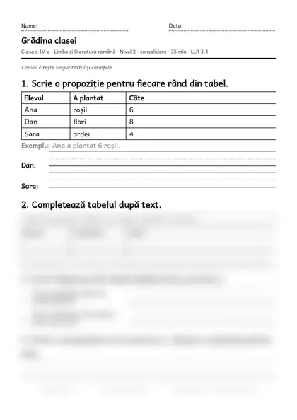 Prima pagină a fișei „Grădina clasei”, clasa a IV-a, nivelul 2