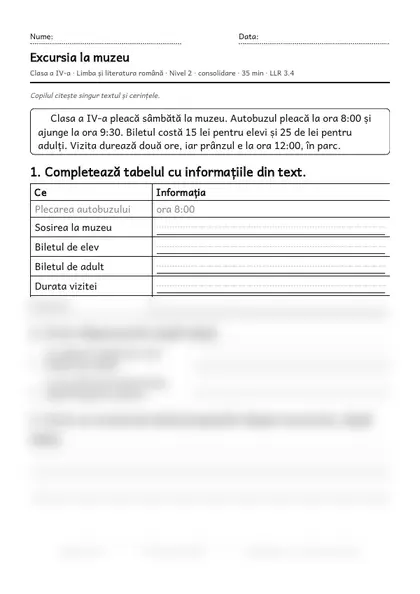 Prima pagină a fișei „Excursia la muzeu”, clasa a IV-a, nivelul 2