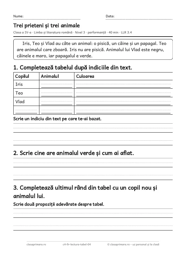Prima pagină a fișei „Trei prieteni și trei animale”, clasa a IV-a, nivelul 3