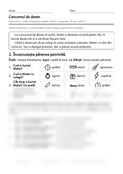Prima pagină a fișei „Concursul de desen”, clasa a IV-a, nivelul 1