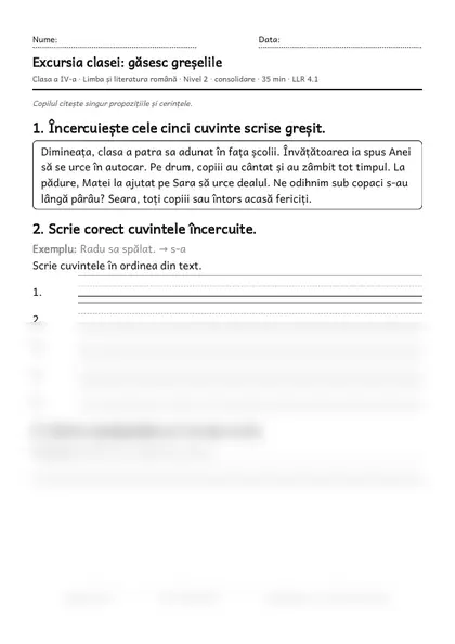 Prima pagină a fișei „Excursia clasei: găsesc greșelile”, clasa a IV-a, nivelul 2