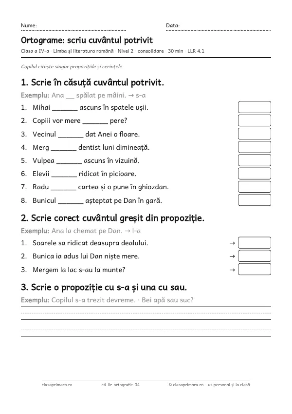 Prima pagină a fișei „Ortograme: scriu cuvântul potrivit”, clasa a IV-a, nivelul 2