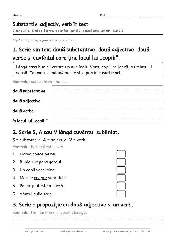 Prima pagină a fișei „Substantiv, adjectiv, verb în text”, clasa a IV-a, nivelul 2