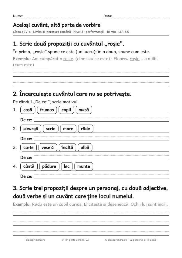 Prima pagină a fișei „Același cuvânt, altă parte de vorbire”, clasa a IV-a, nivelul 3