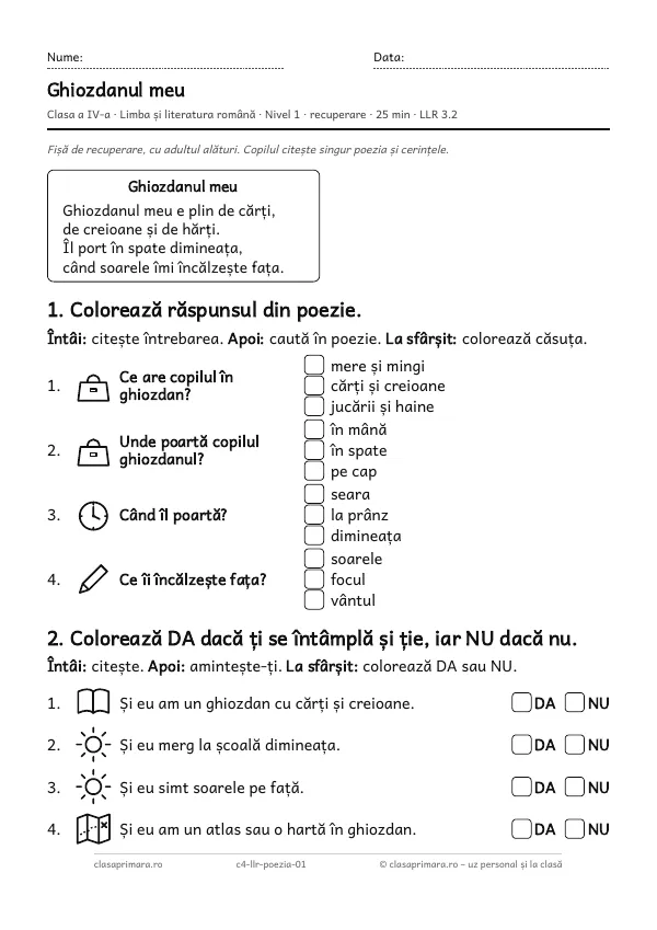 Prima pagină a fișei „Ghiozdanul meu”, clasa a IV-a, nivelul 1