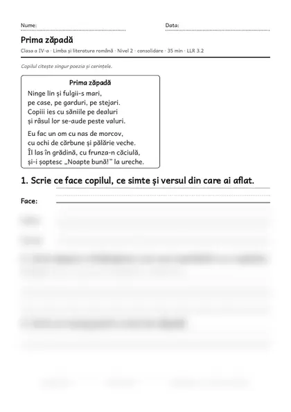 Prima pagină a fișei „Prima zăpadă”, clasa a IV-a, nivelul 2