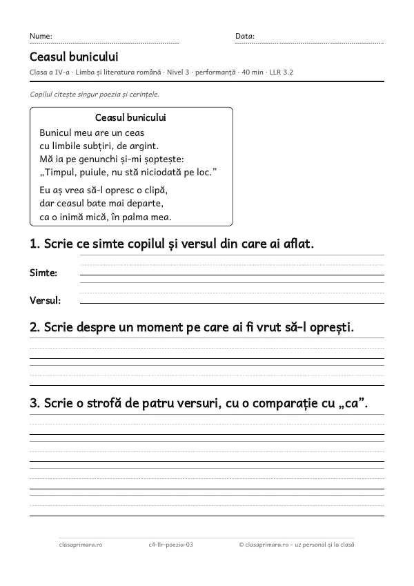 Prima pagină a fișei „Ceasul bunicului”, clasa a IV-a, nivelul 3