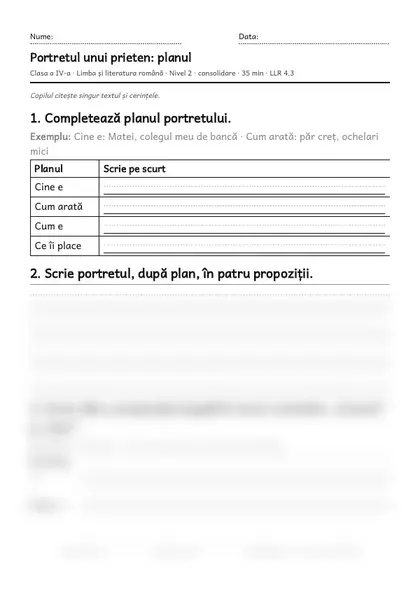 Prima pagină a fișei „Portretul unui prieten: planul”, clasa a IV-a, nivelul 2
