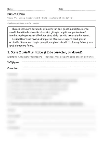 Prima pagină a fișei „Bunica Elena”, clasa a IV-a, nivelul 2