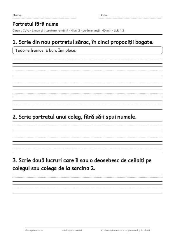 Prima pagină a fișei „Portretul fără nume”, clasa a IV-a, nivelul 3
