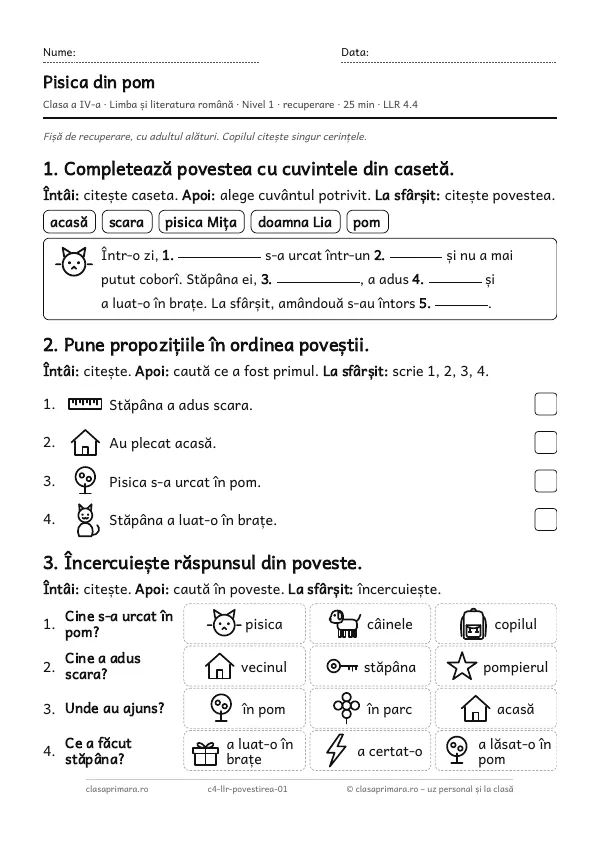 Prima pagină a fișei „Pisica din pom”, clasa a IV-a, nivelul 1