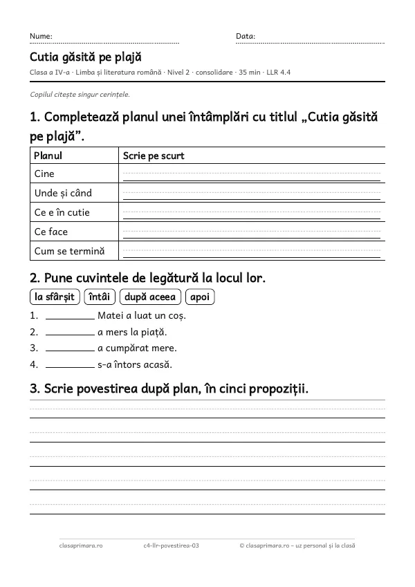 Prima pagină a fișei „Cutia găsită pe plajă”, clasa a IV-a, nivelul 2
