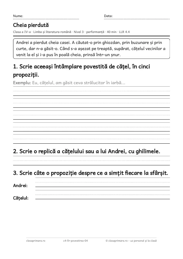 Prima pagină a fișei „Cheia pierdută”, clasa a IV-a, nivelul 3