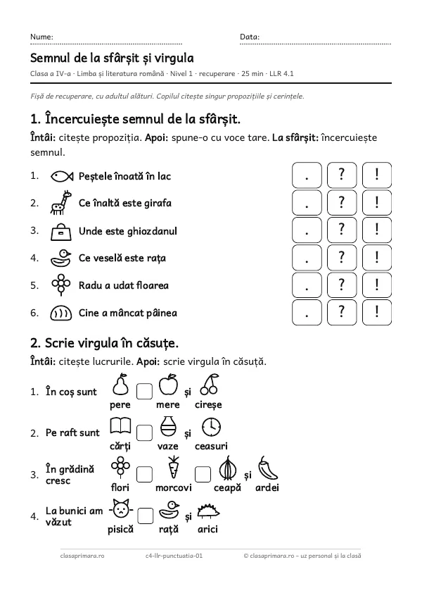 Prima pagină a fișei „Semnul de la sfârșit și virgula”, clasa a IV-a, nivelul 1