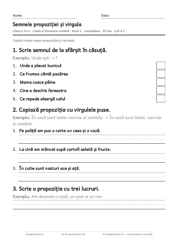 Prima pagină a fișei „Semnele propoziției și virgula”, clasa a IV-a, nivelul 2